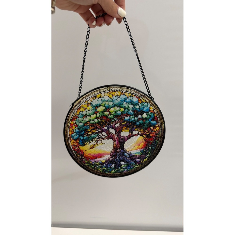 Tree of Life Suncatcher Rainbow Stained Glass Style Window Hanging 8 Inch Round